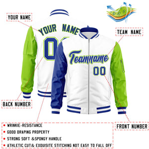 Custom White Neon Green-Royal Varsity Full-Zip Raglan Sleeves Letterman Bomber Jacket