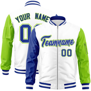 Custom White Neon Green-Royal Varsity Full-Zip Raglan Sleeves Letterman Bomber Jacket