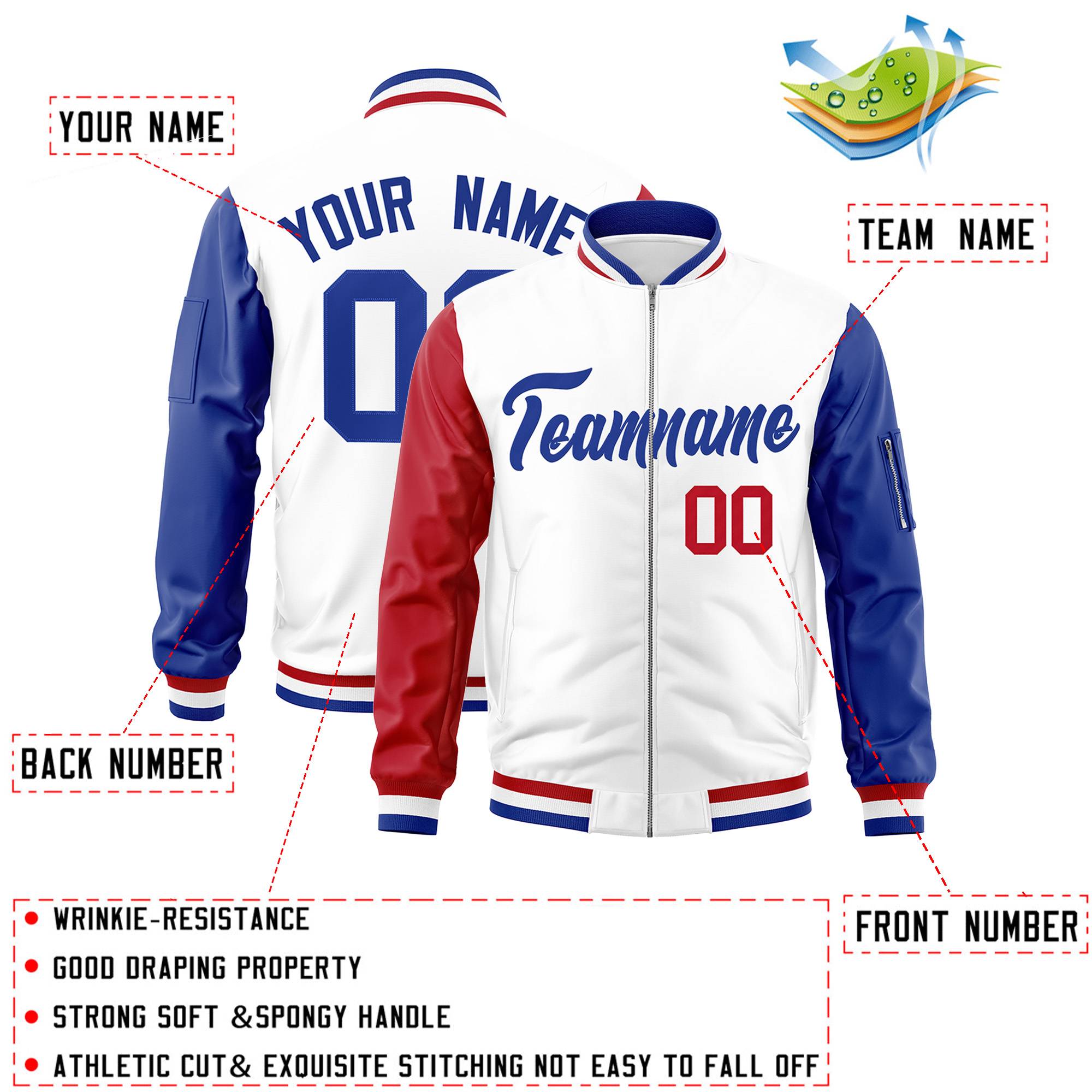 Custom White Royal-Red Varsity Full-Zip Raglan Sleeves Letterman Bomber Jacket