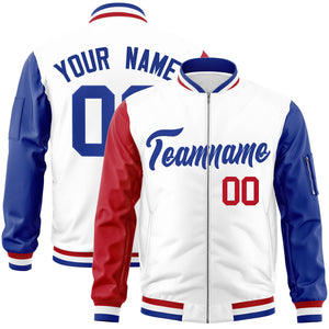 Custom White Royal-Red Varsity Full-Zip Raglan Sleeves Letterman Bomber Jacket