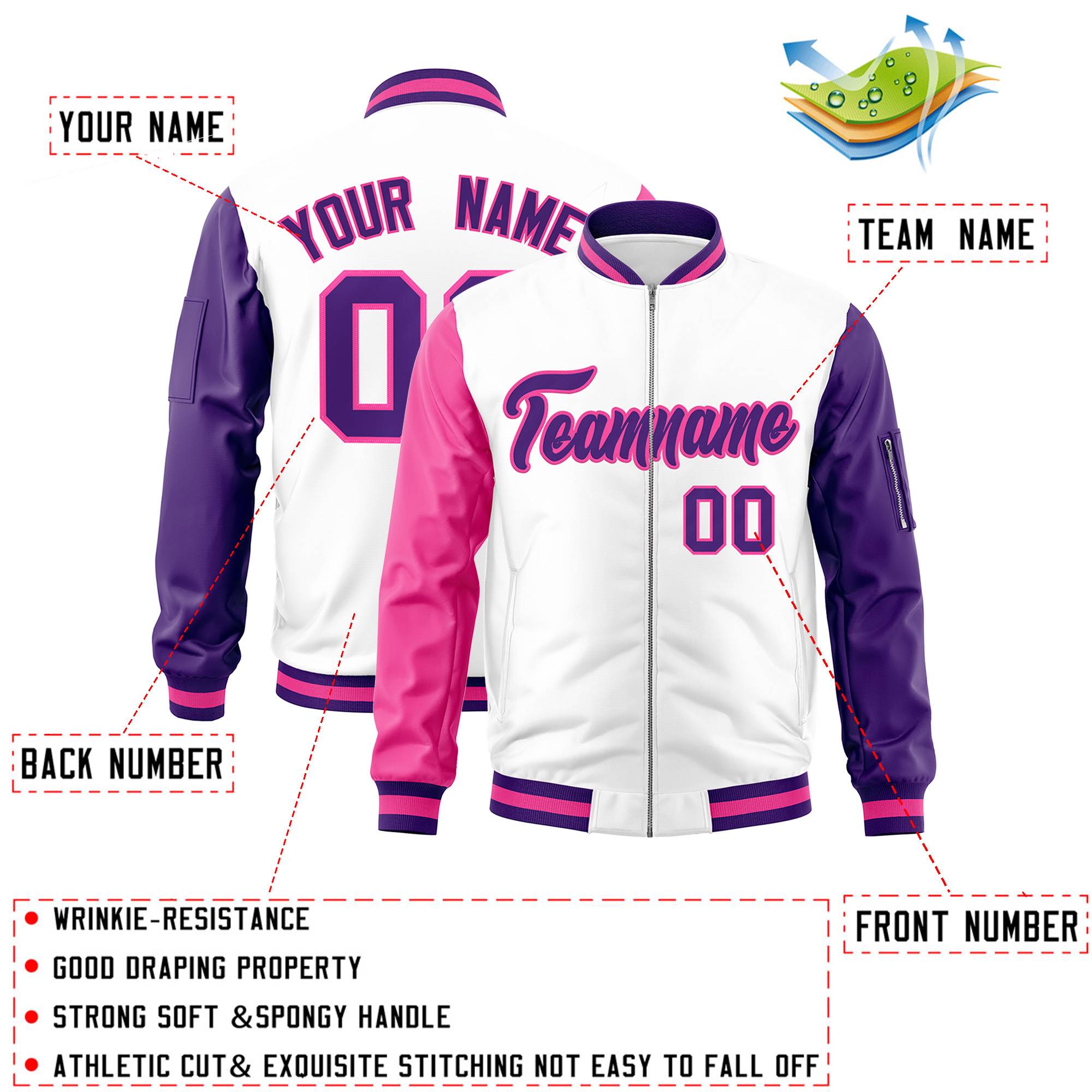 Custom White Purple-Pink Varsity Full-Zip Raglan Sleeves Letterman Bomber Jacket