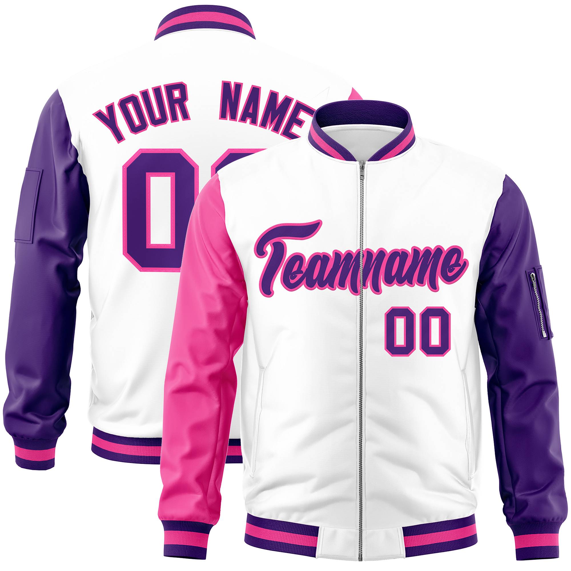 Custom White Purple-Pink Varsity Full-Zip Raglan Sleeves Letterman Bomber Jacket