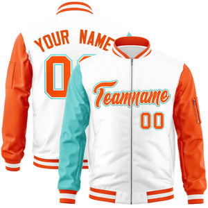 Custom White Orange-Bright Green Varsity Full-Zip Raglan Sleeves Letterman Bomber Jacket