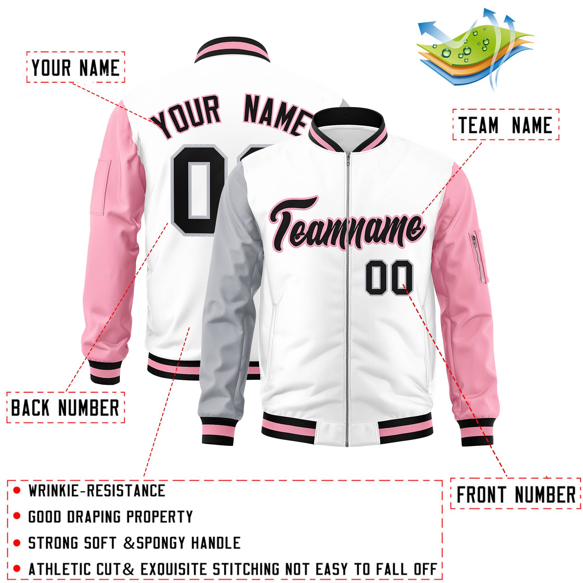 Custom White Light Pink-Gray Varsity Full-Zip Raglan Sleeves Letterman Bomber Jacket