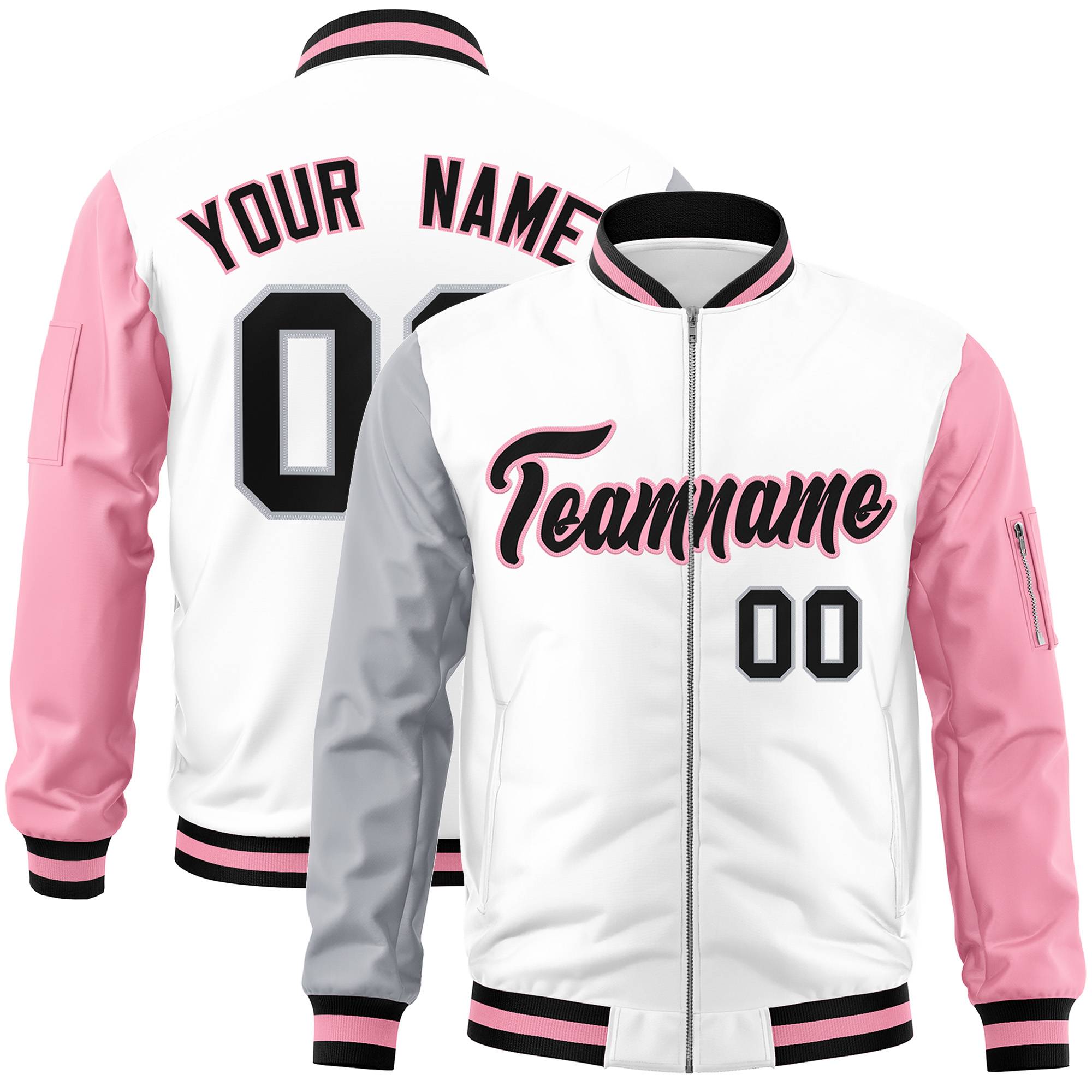 Custom White Light Pink-Gray Varsity Full-Zip Raglan Sleeves Letterman Bomber Jacket