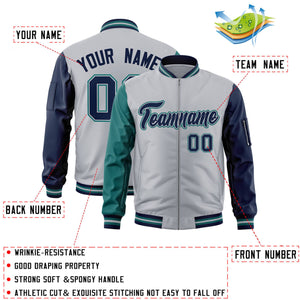 Custom Gray Navy-Aqua Varsity Full-Zip Raglan Sleeves Letterman Bomber Jacket