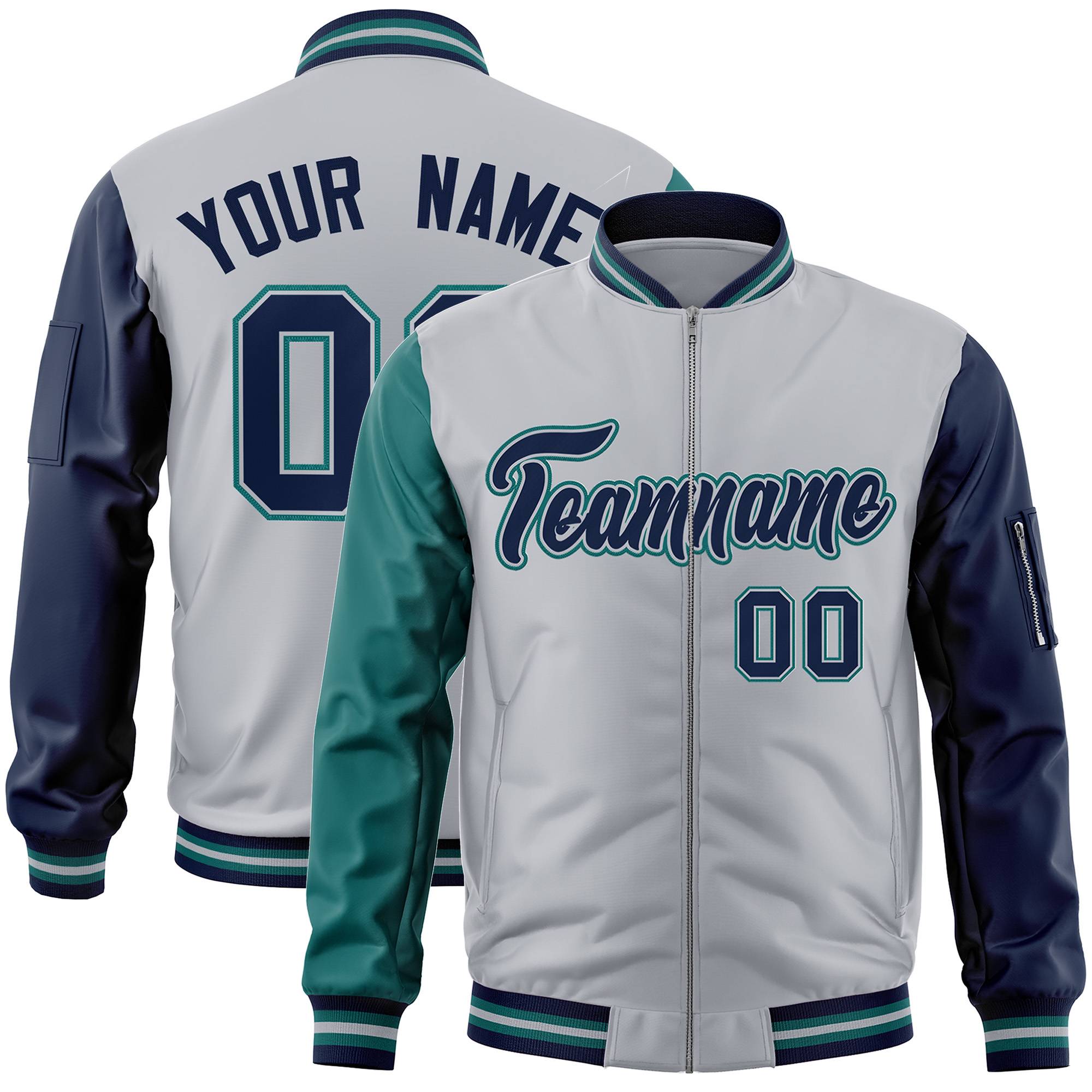 Custom Gray Navy-Aqua Varsity Full-Zip Raglan Sleeves Letterman Bomber Jacket