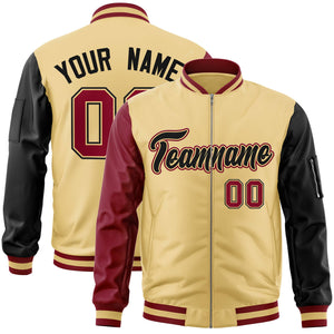 Custom Khaki Black-Crimson Varsity Full-Zip Raglan Sleeves Letterman Bomber Jacket