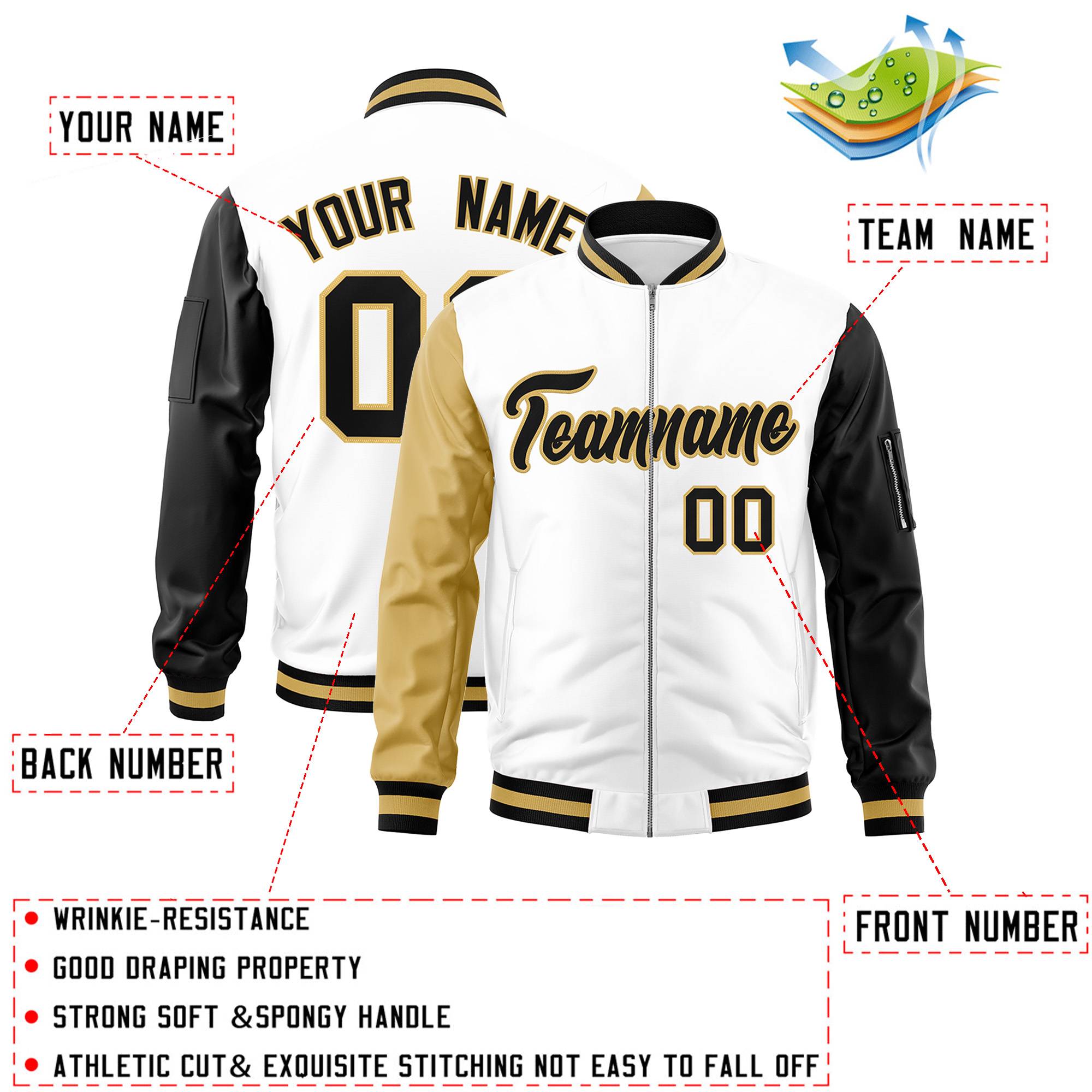 Custom White Black-Old Gold Varsity Full-Zip Raglan Sleeves Letterman Bomber Jacket