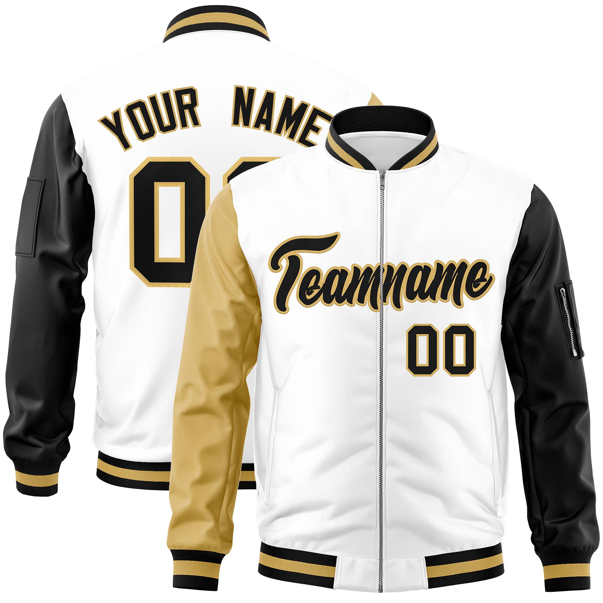 Custom White Black-Old Gold Varsity Full-Zip Raglan Sleeves Letterman Bomber Jacket