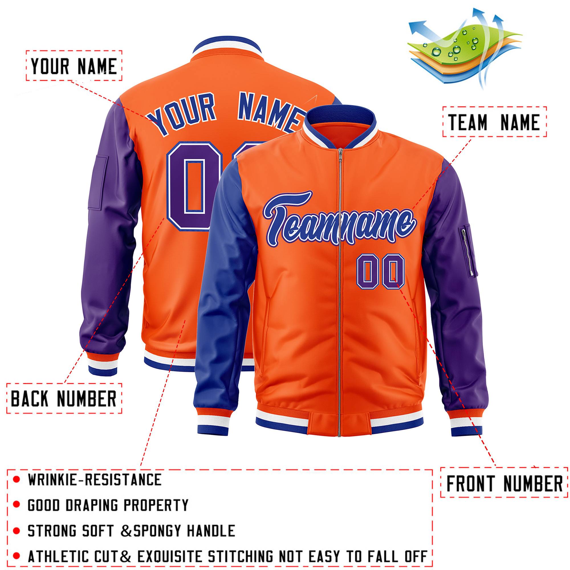 Custom Orange Purple-Royal Varsity Full-Zip Raglan Sleeves Letterman Bomber Jacket