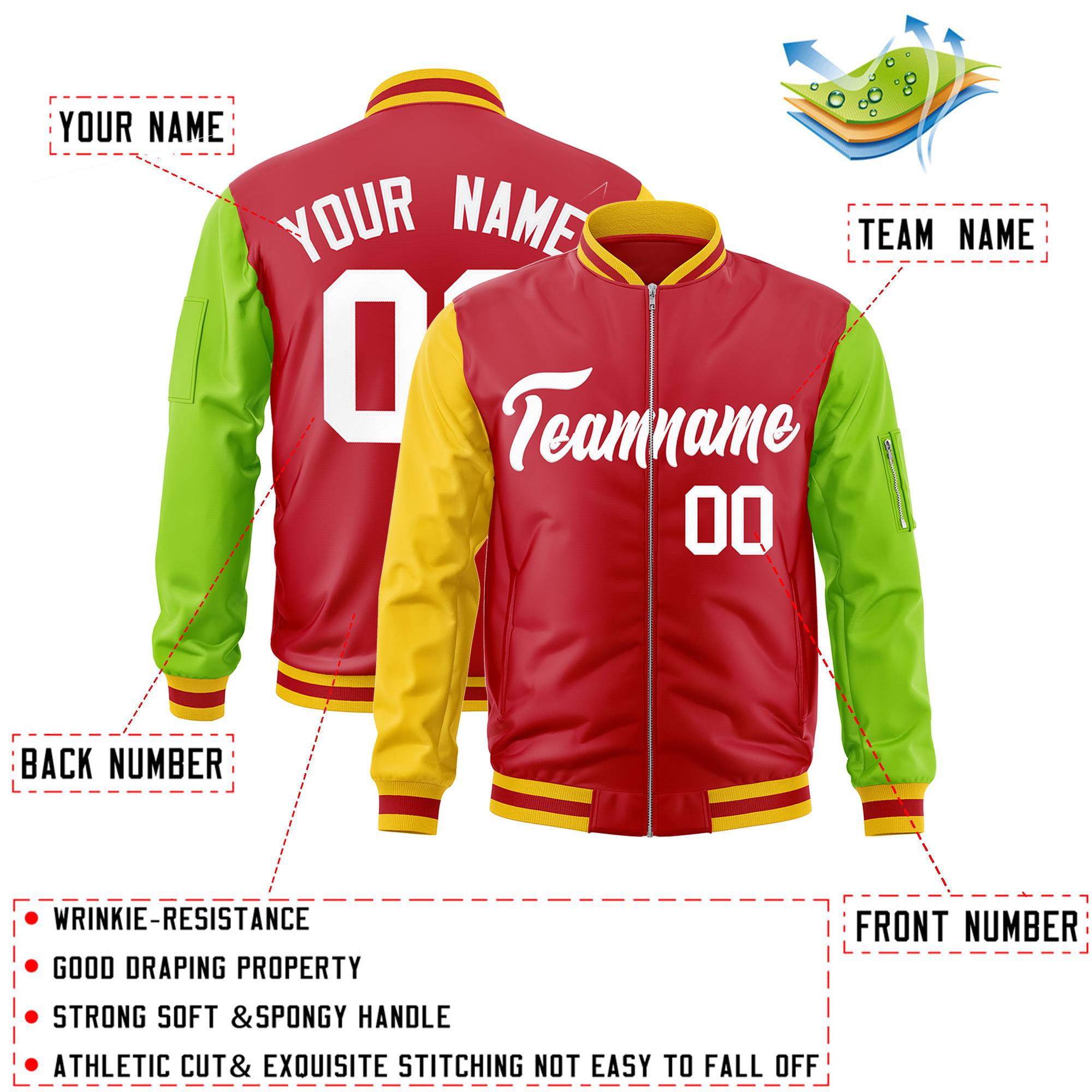 Custom Red Neon Green-Gold Varsity Full-Zip Raglan Sleeves Letterman Bomber Jacket