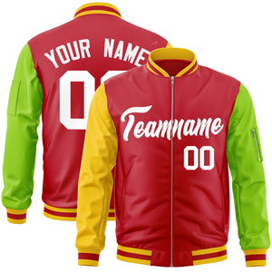 Custom Red Neon Green-Gold Varsity Full-Zip Raglan Sleeves Letterman Bomber Jacket