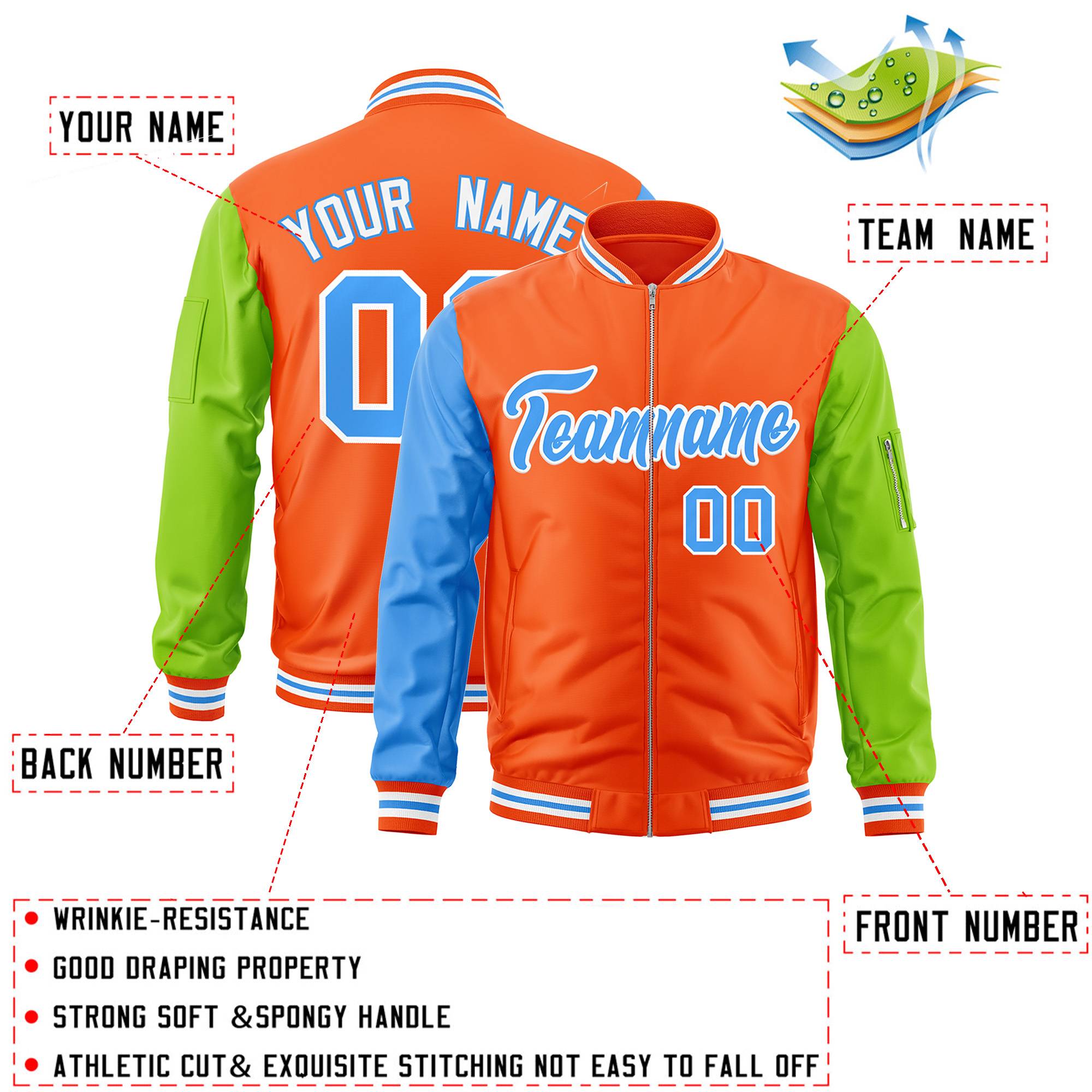 Custom Orange Neon Green-Powder Blue Varsity Full-Zip Raglan Sleeves Letterman Bomber Jacket