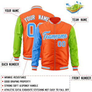 Custom Orange Neon Green-Powder Blue Varsity Full-Zip Raglan Sleeves Letterman Bomber Jacket