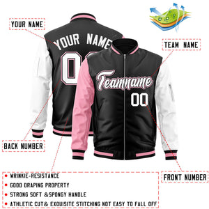 Custom Black White-Light Pink Varsity Full-Zip Raglan Sleeves Letterman Bomber Jacket