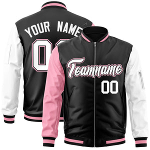 Custom Black White-Light Pink Varsity Full-Zip Raglan Sleeves Letterman Bomber Jacket