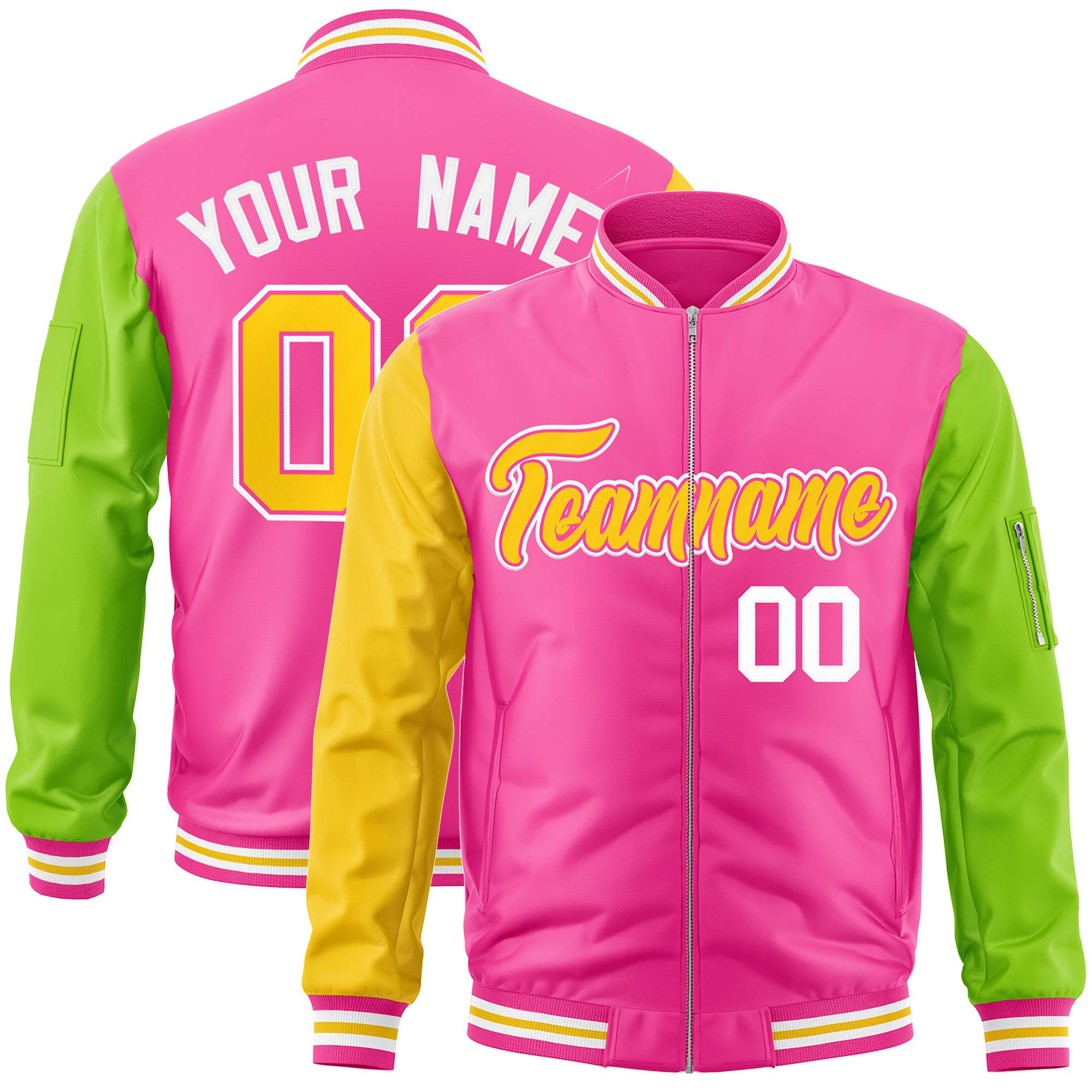 Custom Pink Neon Green-Gold Varsity Full-Zip Raglan Sleeves Letterman Bomber Jacket