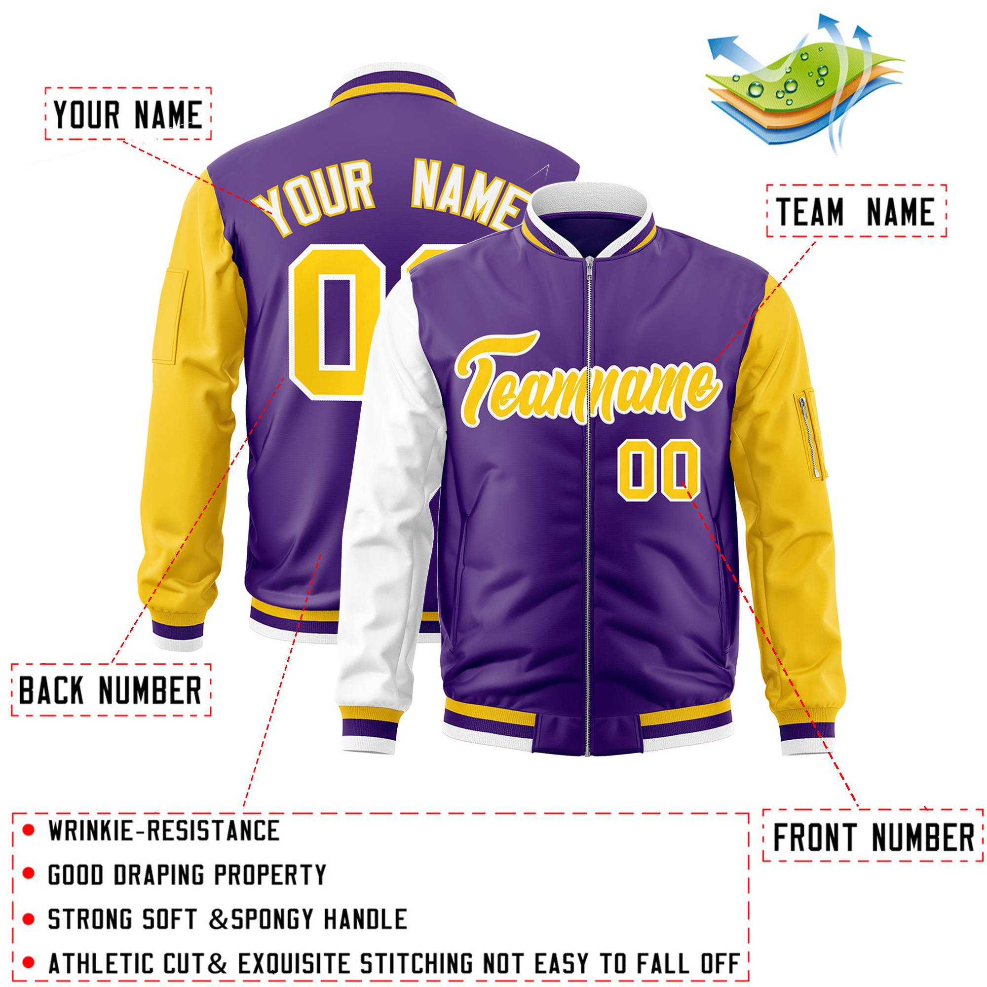 Custom Purple Gold-White Varsity Full-Zip Raglan Sleeves Letterman Bomber Jacket