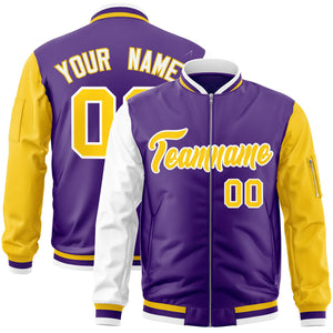 Custom Purple Gold-White Varsity Full-Zip Raglan Sleeves Letterman Bomber Jacket