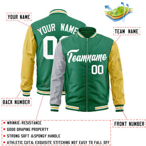 Custom Kelly Green Old Gold-Gray Varsity Full-Zip Raglan Sleeves Letterman Bomber Jacket