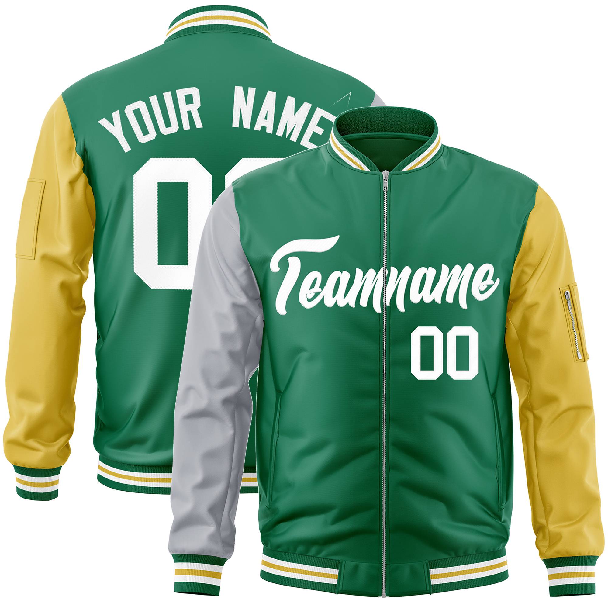 Custom Kelly Green Old Gold-Gray Varsity Full-Zip Raglan Sleeves Letterman Bomber Jacket