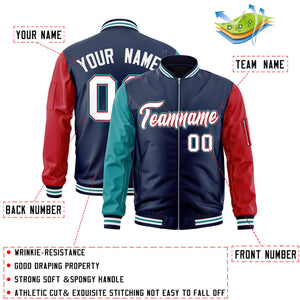 Custom Navy Red-Aqua Varsity Full-Zip Raglan Sleeves Letterman Bomber Jacket