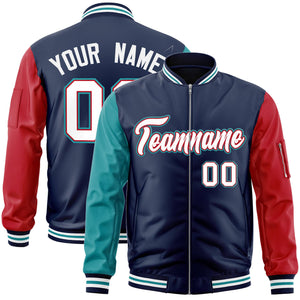 Custom Navy Red-Aqua Varsity Full-Zip Raglan Sleeves Letterman Bomber Jacket