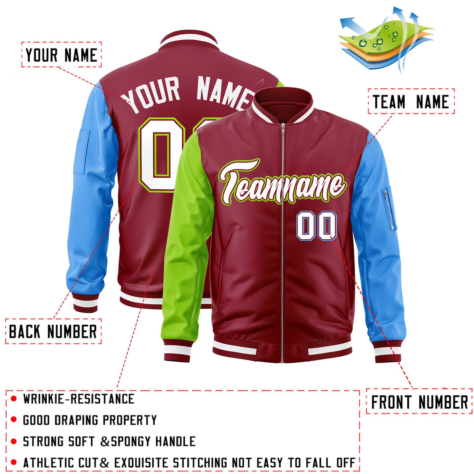 Custom Crimson Powder Blue-Neon Green Varsity Full-Zip Raglan Sleeves Letterman Bomber Jacket