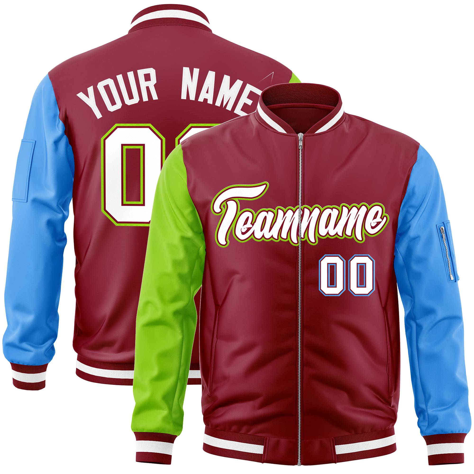 Custom Crimson Powder Blue-Neon Green Varsity Full-Zip Raglan Sleeves Letterman Bomber Jacket