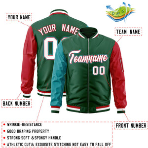 Custom Green Red-Aqua Varsity Full-Zip Raglan Sleeves Letterman Bomber Jacket