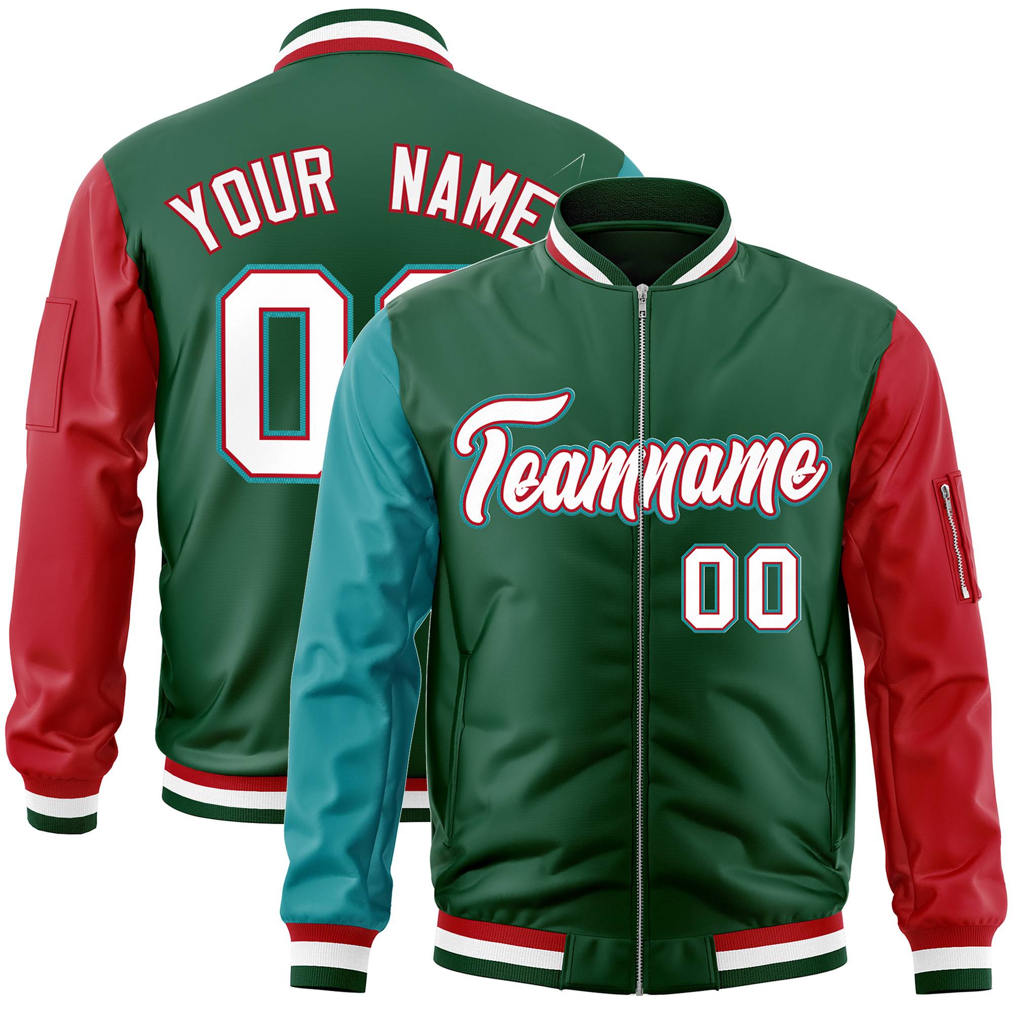 Custom Green Red-Aqua Varsity Full-Zip Raglan Sleeves Letterman Bomber Jacket