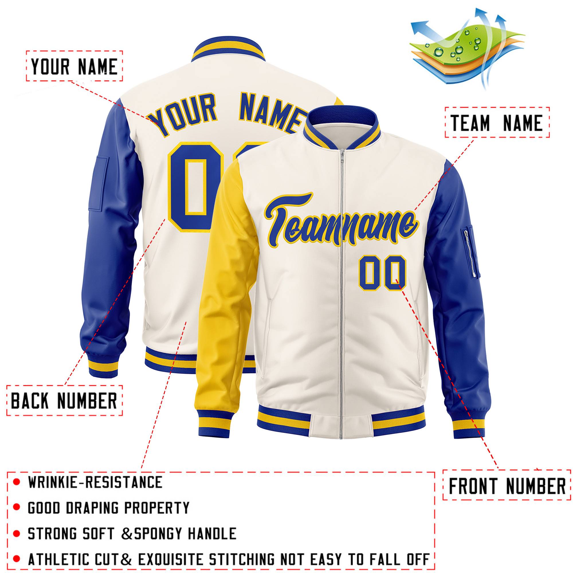 Custom Cream Royal-Gold Varsity Full-Zip Raglan Sleeves Letterman Bomber Jacket