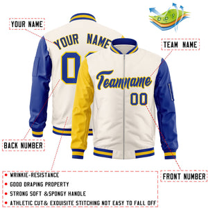 Custom Cream Royal-Gold Varsity Full-Zip Raglan Sleeves Letterman Bomber Jacket