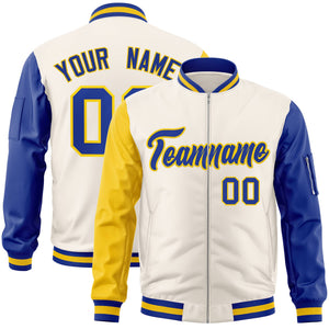 Custom Cream Royal-Gold Varsity Full-Zip Raglan Sleeves Letterman Bomber Jacket