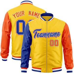 Custom Gold Orange-Royal Varsity Full-Zip Raglan Sleeves Letterman Bomber Jacket