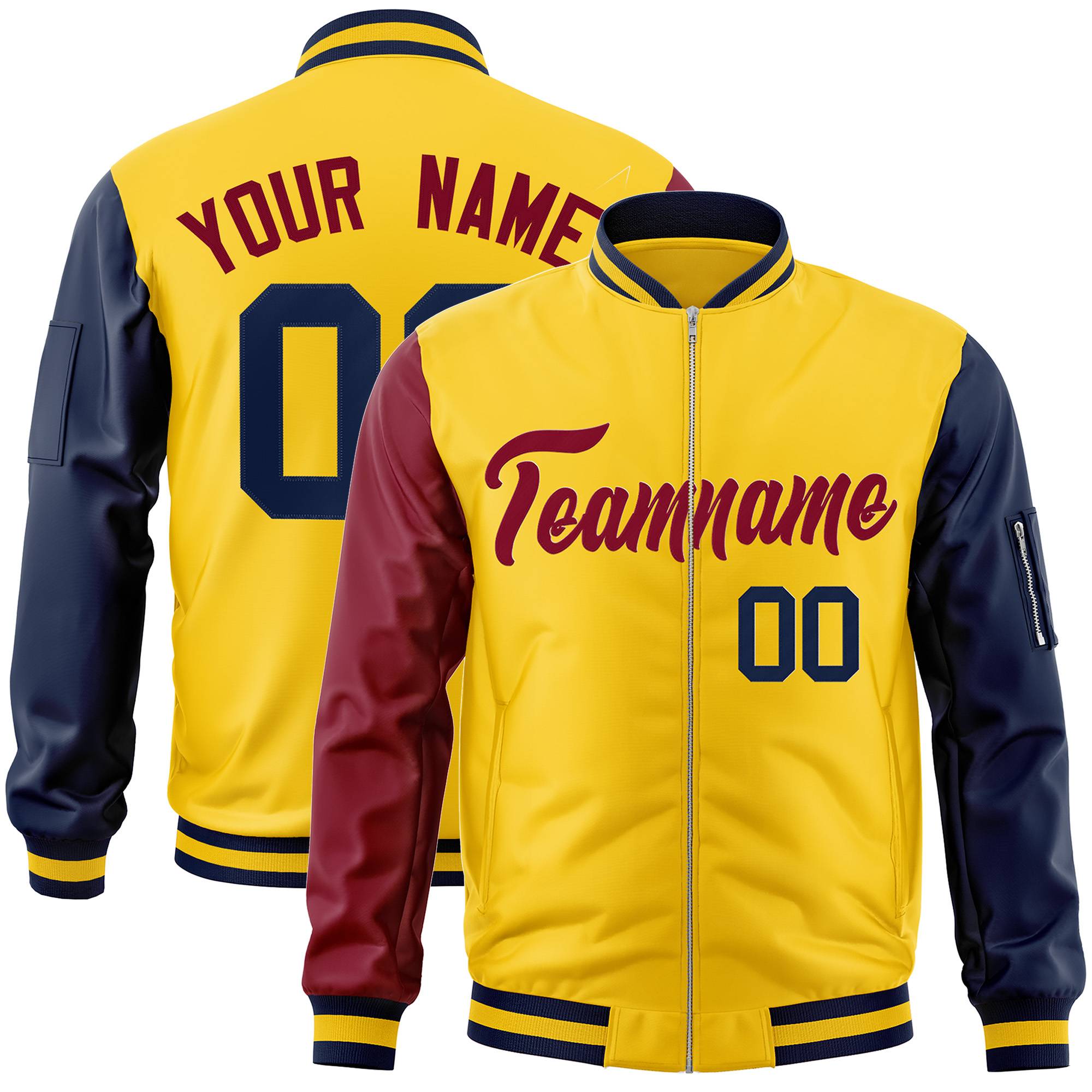 Custom Gold Navy-Crimson Varsity Full-Zip Raglan Sleeves Letterman Bomber Jacket