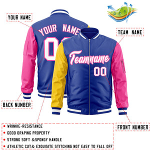 Custom Royal Pink-Gold Varsity Full-Zip Raglan Sleeves Letterman Bomber Jacket