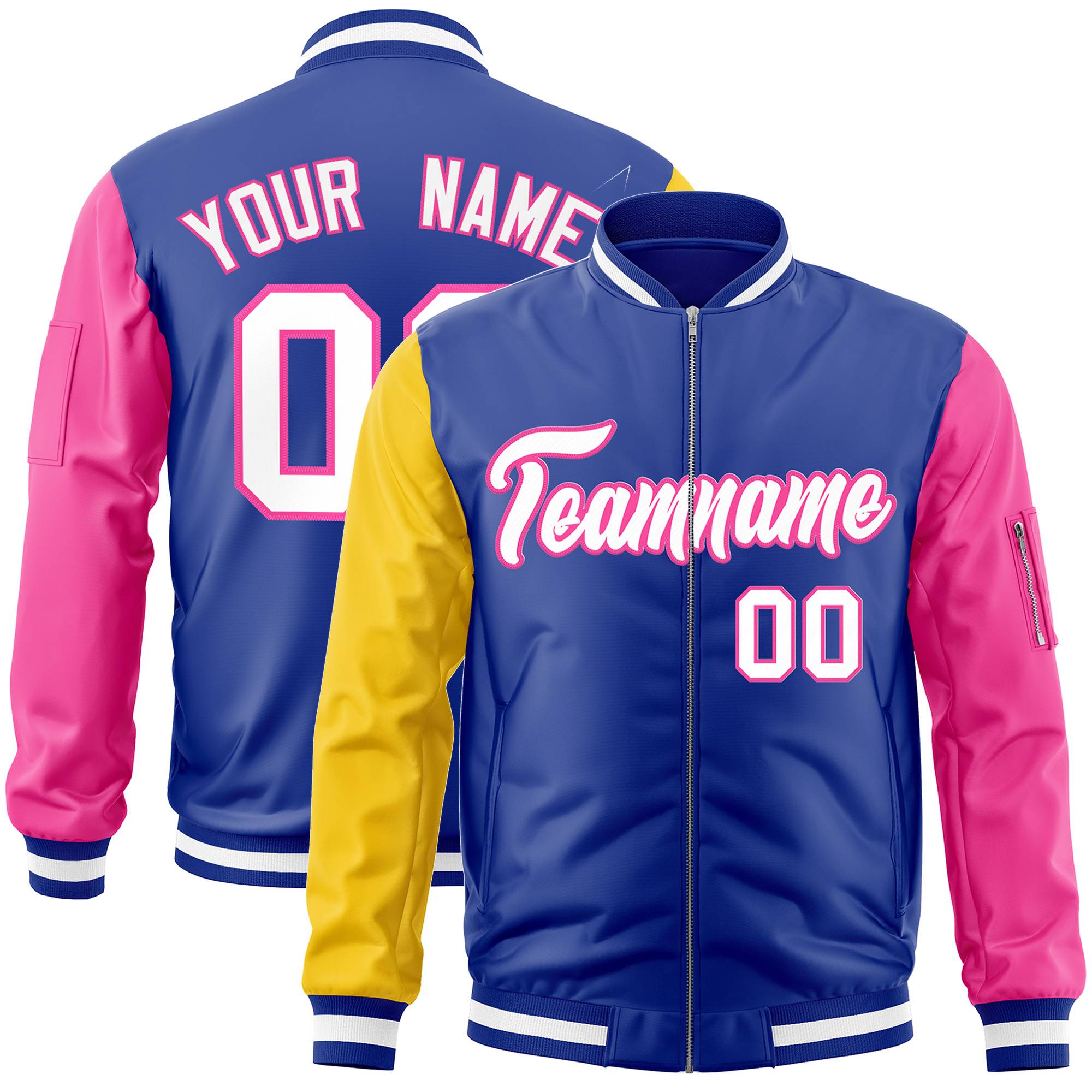 Custom Royal Pink-Gold Varsity Full-Zip Raglan Sleeves Letterman Bomber Jacket