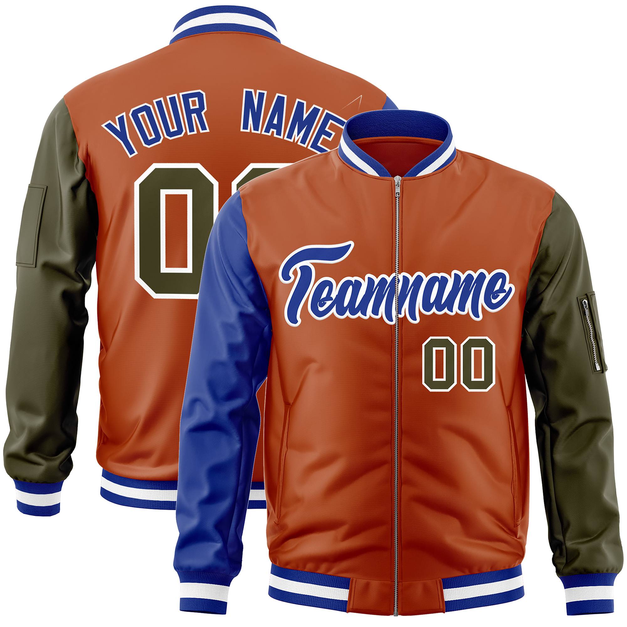 Custom Texas Orange Olive-Royal Varsity Full-Zip Raglan Sleeves Letterman Bomber Jacket