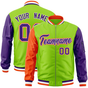 Custom Neon Green Purple-Orange Varsity Full-Zip Raglan Sleeves Letterman Bomber Jacket