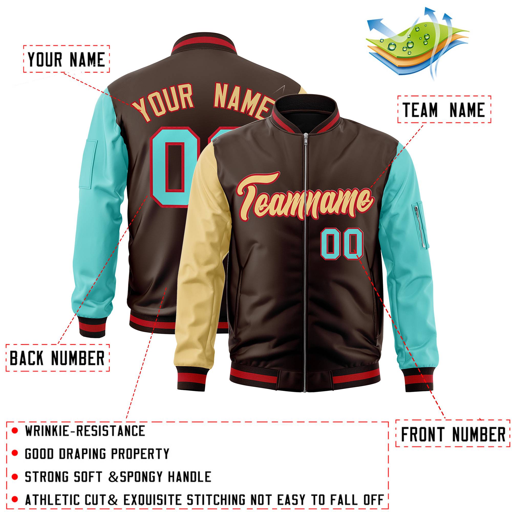 Custom Brown Bright Green-Khaki Varsity Full-Zip Raglan Sleeves Letterman Bomber Jacket