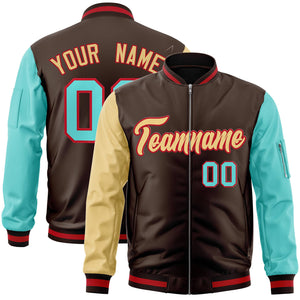 Custom Brown Bright Green-Khaki Varsity Full-Zip Raglan Sleeves Letterman Bomber Jacket