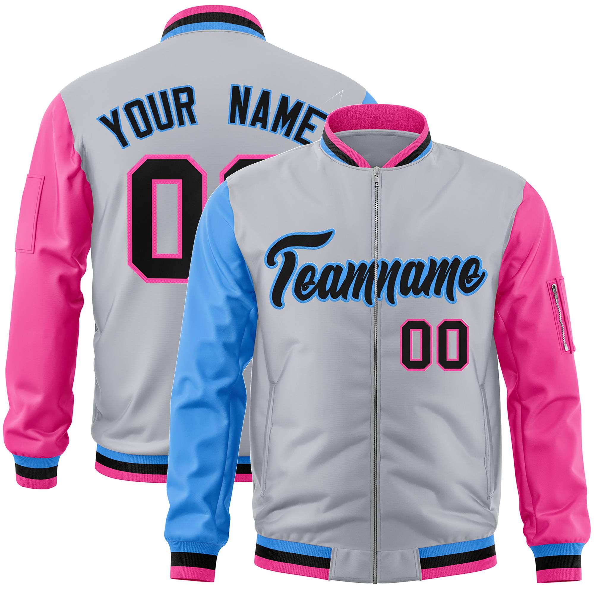 Custom Gray Pink-Powder Blue Varsity Full-Zip Raglan Sleeves Letterman Bomber Jacket