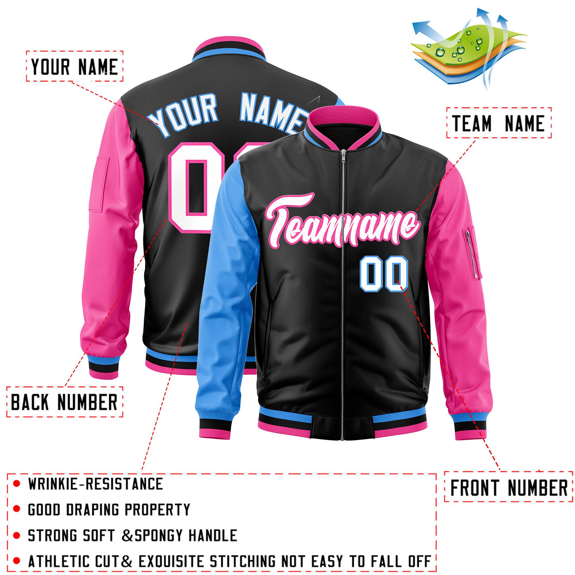 Custom Black Pink-Powder Blue Varsity Full-Zip Raglan Sleeves Letterman Bomber Jacket