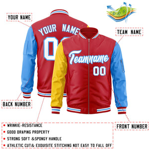 Custom Red Powder Blue-Gold Varsity Full-Zip Raglan Sleeves Letterman Bomber Jacket