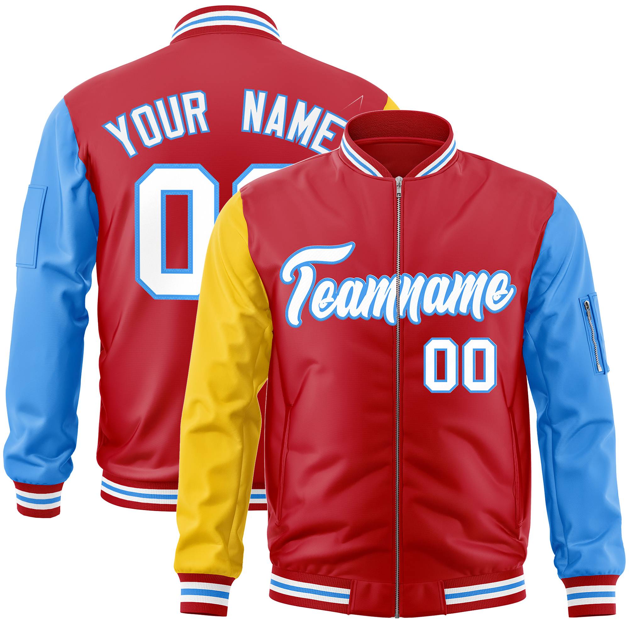 Custom Red Powder Blue-Gold Varsity Full-Zip Raglan Sleeves Letterman Bomber Jacket