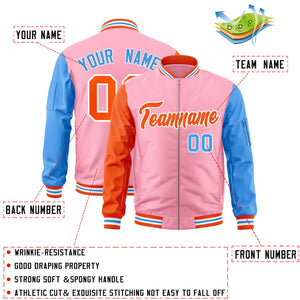 Custom Light Pink Powder Blue-Orange Varsity Full-Zip Raglan Sleeves Letterman Bomber Jacket