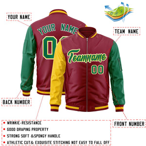 Custom Crimson Kelly Green-Gold Varsity Full-Zip Raglan Sleeves Letterman Bomber Jacket