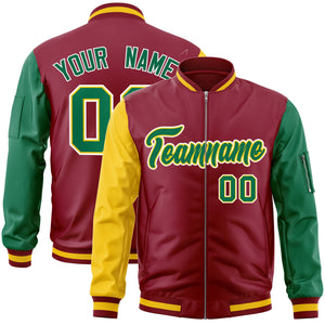 Custom Crimson Kelly Green-Gold Varsity Full-Zip Raglan Sleeves Letterman Bomber Jacket